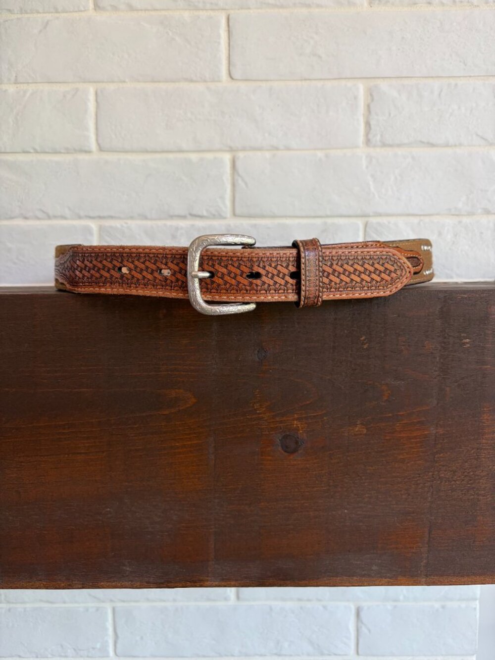 Studded crystal and braided brown genuine leather faux calfskin belt Small